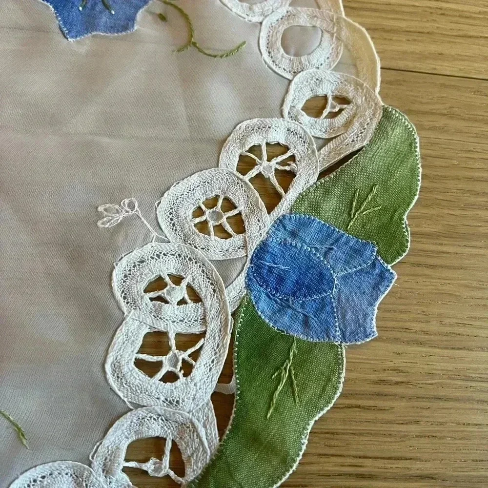Hand-Embroidered Round Doily with Blue Flowers & Lace Trim - 11”